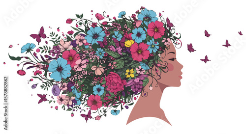 Floral Woman Silhouette with Butterflies