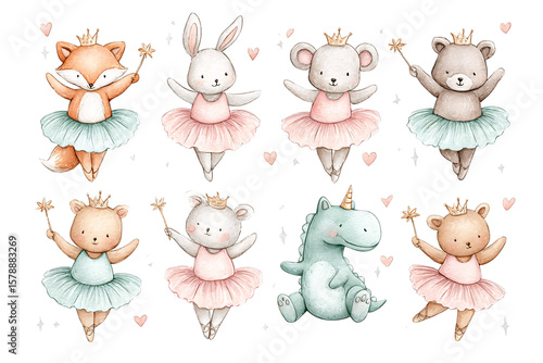 Cute baby ballerina animals in pastel dresses with magic wands, mouse bear bunny unicorn illustration set 