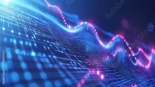 Abstract technology graph with digital line waves in shades of blue and pink light patterns