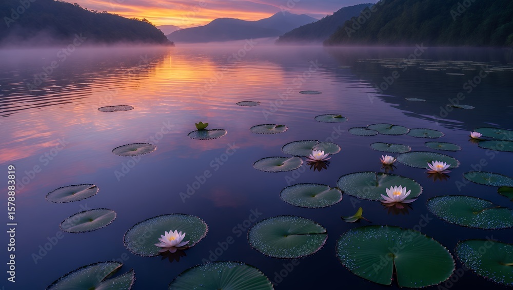 Water Lilies Bloom on Misty Lake at Sunset with Mountain Backdrop Water Lilies Bloom on Misty Lake at Sunset with Mountain Backdrop