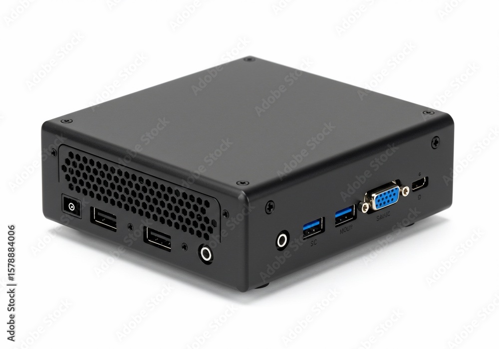 Compact black mini PC with various ports on a white background, studio shot Compact black mini PC with various ports on a white background, studio shot
