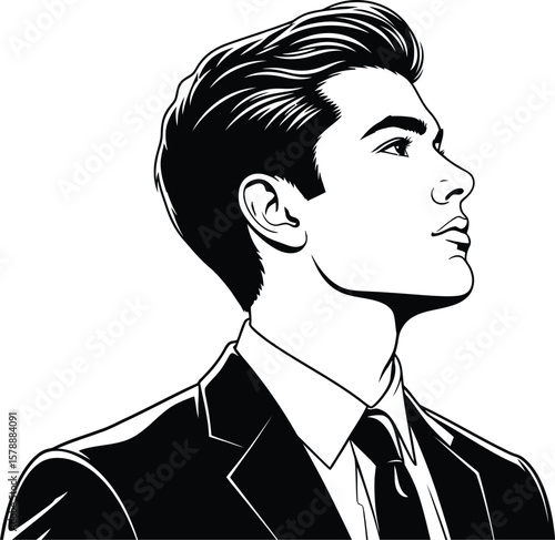Illustration of a man in a suit looking up with a serious expression