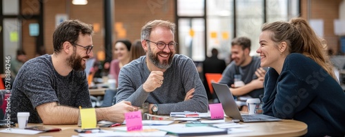 Team of professionals collaborate at table with laptop and documents