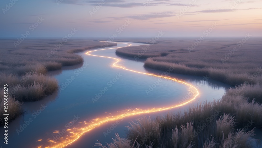 Fototapeta premium Glowing River Flowing Through Grassy Field at Dusk Landscape