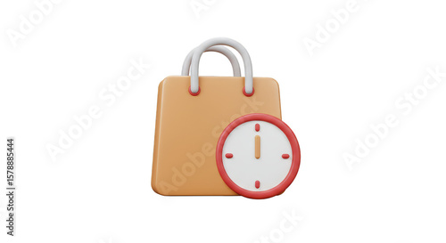 3D Shopping Bag with Clock Time Retail Sale on Transparent BG