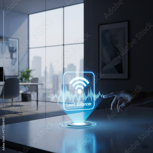 Hand interacting with a futuristic holographic load balancer interface displaying network activity
