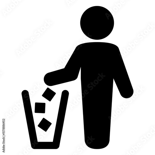 Logo tirar basura. Icono hombre tirando desechos en un cubo de basura 