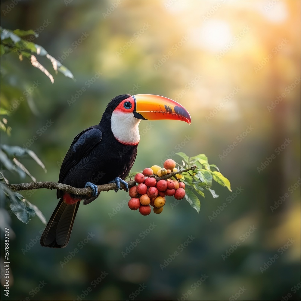 Naklejka premium Toucan perched on branch with berries