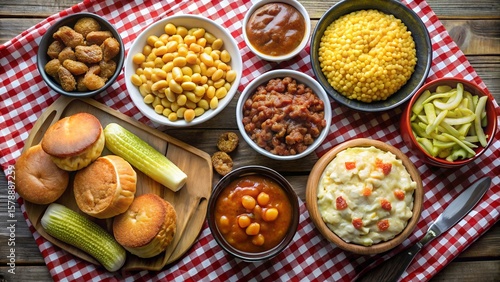 Overhead View of Traditional Midwestern Dishes on a Red and White Checkered Tablecloth
