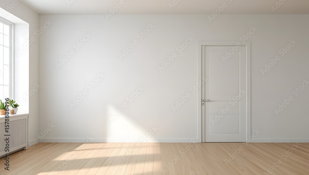 Fototapeta premium Minimalist room interior with white walls a closed white door and a window with sunlight casting shadows on the floor