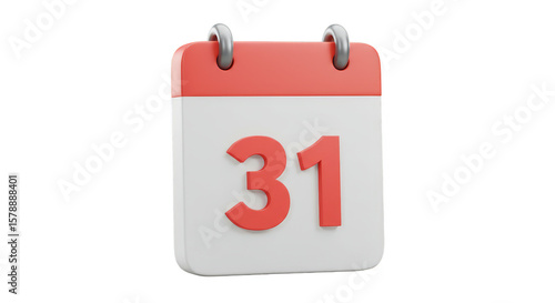 3D Rendering of Red Calendar Date Marked as 31 Isolated