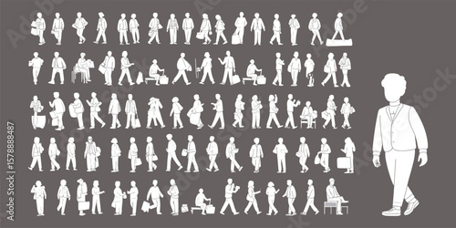 Flat silhouette business people walking, office worker figures, casual male characters, white vector illustration on dark background, multiple poses, urban lifestyle scene for design