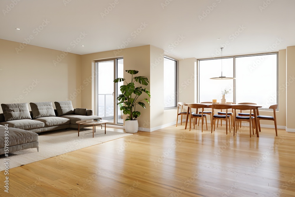 Fototapeta premium Modern open concept living and dining area with large windows and natural light