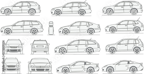 Detailed CAD drawing of various modern cars, flat vector illustration, side and front views, technical blueprint sketch, vehicle lineup concept, automotive design layout