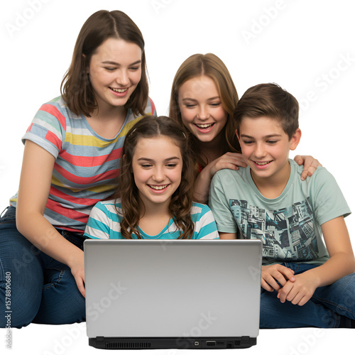 Cheerful Group of Children Using Laptop Together in Transparent Background