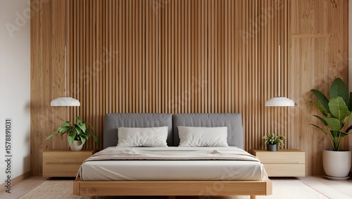 Modern bedroom interior with a slatted wood accent wall and comfortable bed