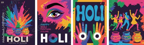 Holi vector design: Indian woman in joyful celebration with bursting paint powders, colorful pots, handprints, dancing figures and cultural icons crafted for invitation, greeting card 