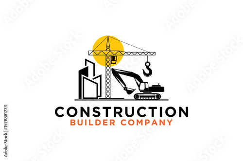 Construction company logo featuring an excavator, tower crane, and city buildings. Vector illustration design.