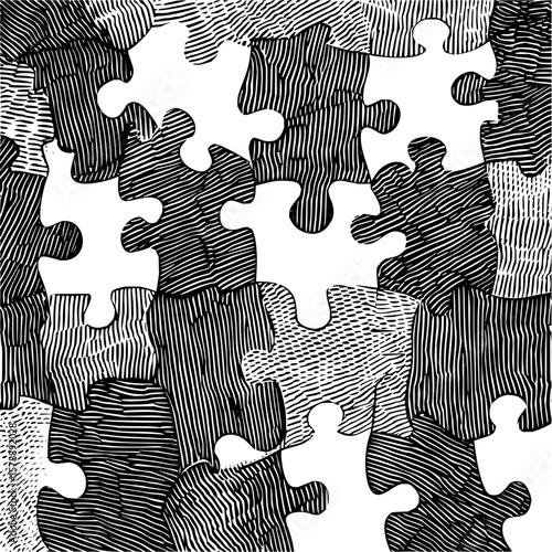 Illustration of a puzzle with black and white hatched pieces partially assembled together closely viewed