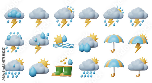 3D Weather Icon Set with Cloud Rain Storm Sun and Transparent Background