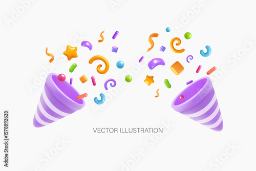 Two 3D party poppers with colorful exploding confetti