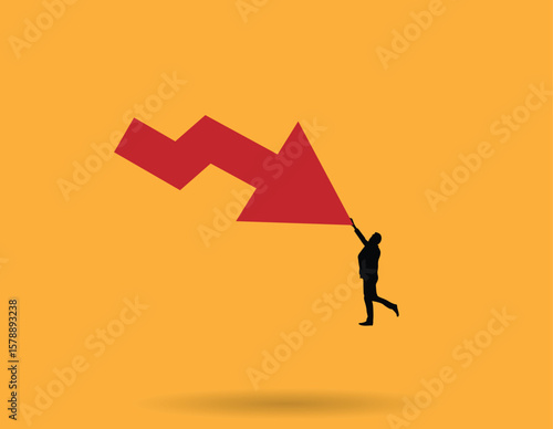 Silhouette of Business Man Hanging of A Falling Sales Arrow. Failing at trading or white collar work as company CEO vector art