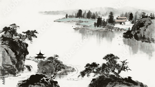 Hushed Valley Mist Japanese style landscape isolated watercolor vector illustration svg