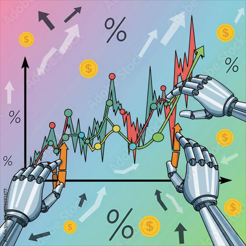 Robotic hands manipulate stock market graph with rising arrows and dollar coins