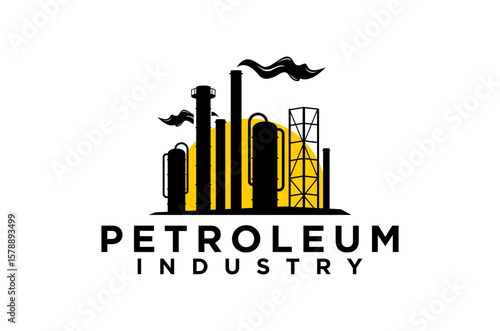 Silhouette of an oil refinery at sunset. Petroleum industry logo, flare pipes and chimneys element.
