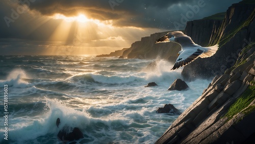 Seagull Flying Over Rocky Coastline with Waves and Sunlight Breaking