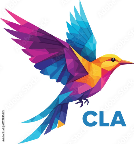 Geometric bird illustration with vibrant colors on a white background