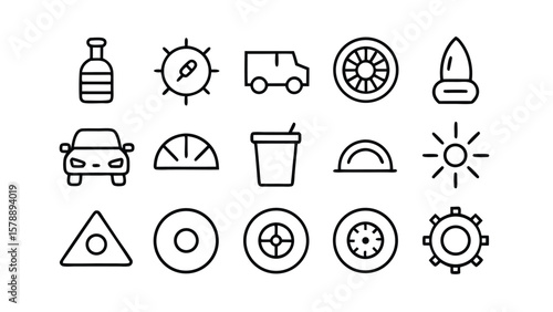Road trip vector icon set in outline style featuring travel elements