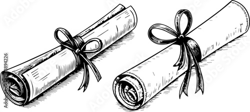 Rolled Diploma or Certificate Scrolls with Ribbon: Graduation and Achievement Symbols