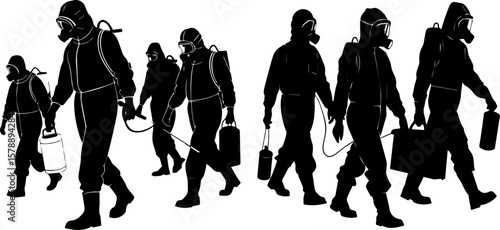 Hazmat Team Silhouettes: Workers in Chemical Protection Suits with Equipment