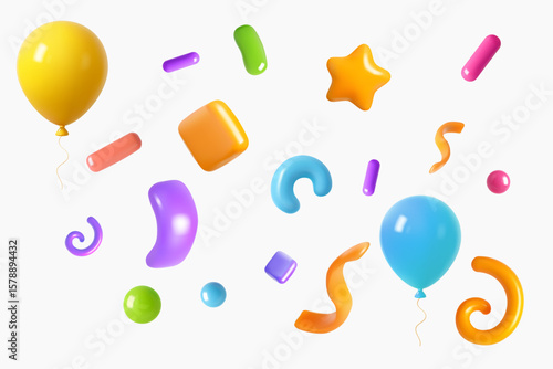 3D colorful balloons with festive confetti on white background