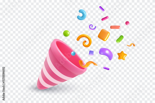 3D pink striped party popper with colorful confetti burst