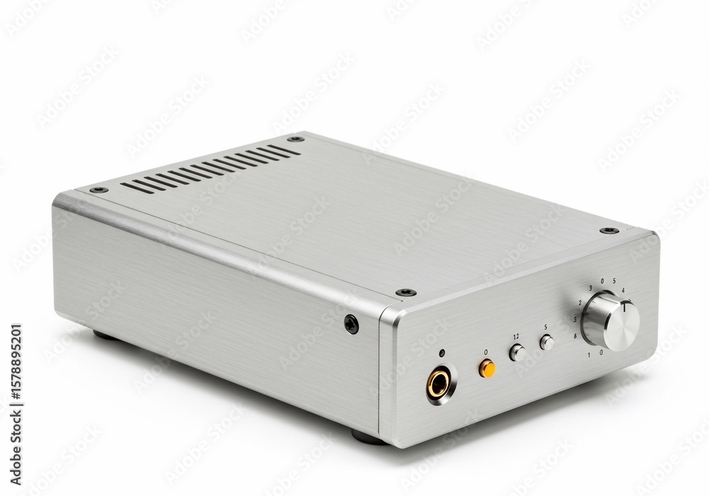 Silver Headphone Amplifier with Volume Knob and Input Jacks on White Background Silver Headphone Amplifier with Volume Knob and Input Jacks on White Background