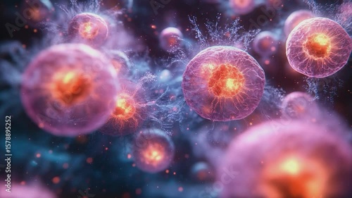 Wallpaper Mural Microscopic Cellular Structures: Intricate and vibrant microscopic cellular structures glow with an ethereal light, creating an otherworldly landscape of biological wonder. Torontodigital.ca