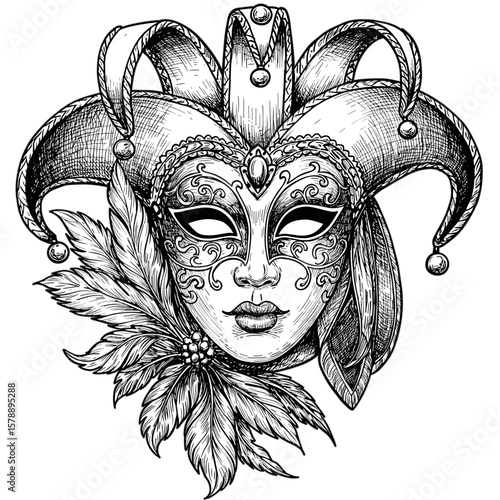 Venetian Mask Black and White Ink Hand Drawn Sketch Illustration png