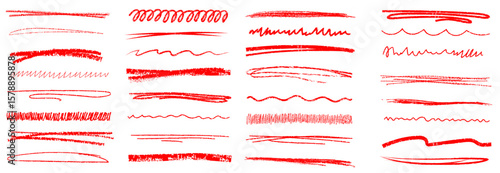 Сrayon or chalk red brush underline stroke set. Big collection of charcoal texture red pencil highlight stroke for accent, emphasis effect. Vector illustration