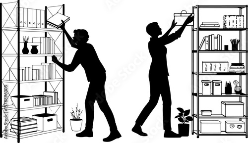 People Organizing Shelves: Silhouettes of Men Arranging Office or Home Storage