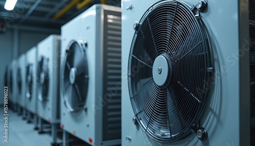 Industrial cooling units row with large fan. Ventilation system in data center, server room or warehouse. Air conditioning, air circulation, modern technology.