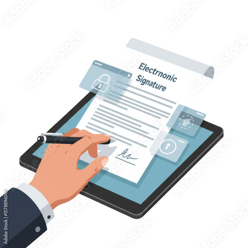 Electronic Signature On Tablet Illustration with Hand and Pen