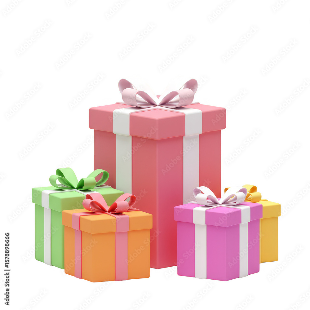 Fototapeta premium Colorful 3D Render Gift Boxes for Celebration with Bows and Ribbons