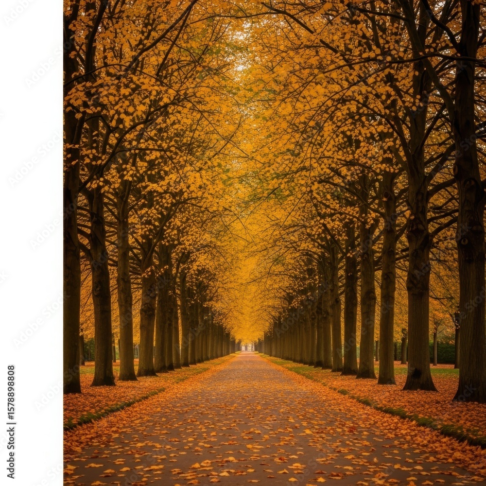 Fototapeta premium Autumn tree lined path covered in fallen orange leaves 1