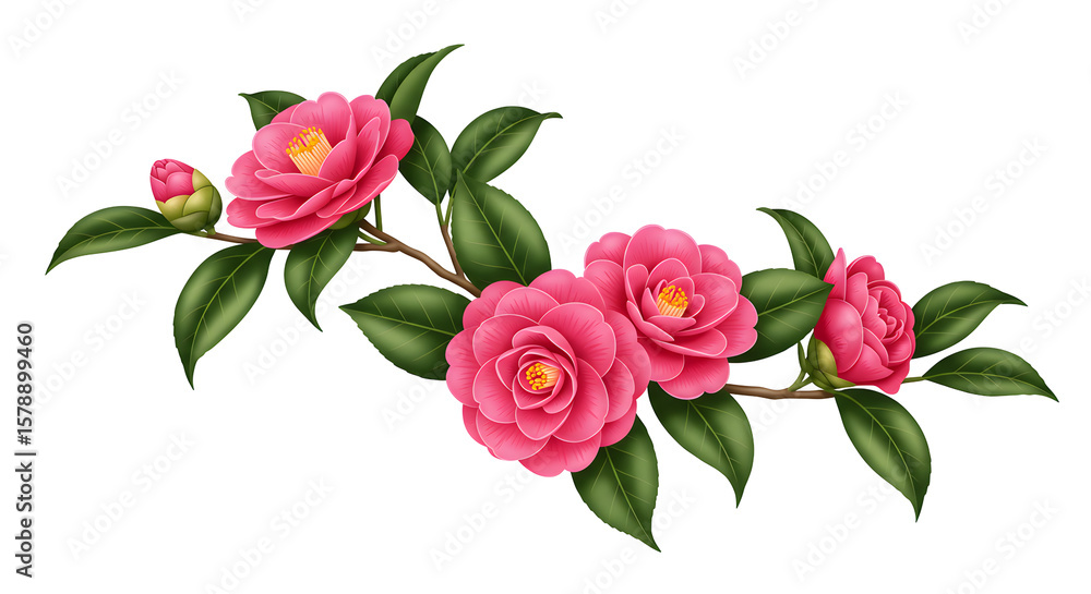 Obraz premium Pink Camellia Flower Branch Illustration
