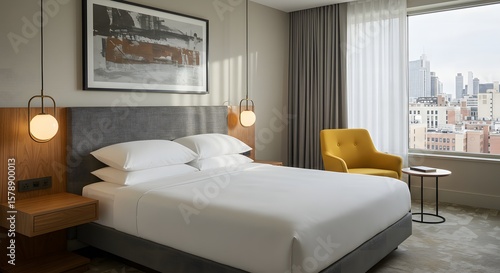 Modern hotel bedroom with a comfortable bed yellow armchair and city view from the window