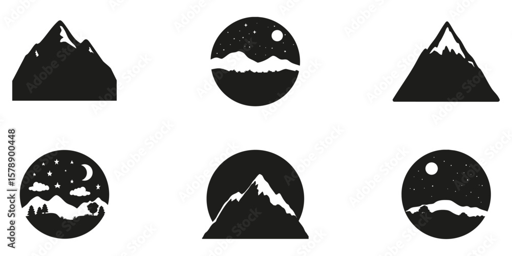 Mountain And Night Sky Silhouette Set. Nature And Landscape Symbol Collection. Outdoor And Adventure Design Use. Isolated Vector Illustration Mountain And Night Sky Silhouette Set. Nature And Landscape Symbol Collection. Outdoor And Adventure Design Use. Isolated Vector Illustration
