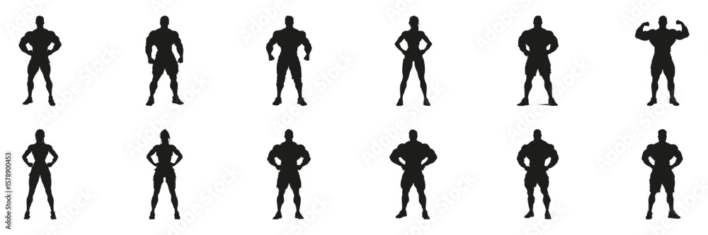 Obraz premium Bodybuilding Poses In Silhouette Set. Fitness And Strength Training Symbol Collection. Health And Wellness Use. Isolated Vector Illustration