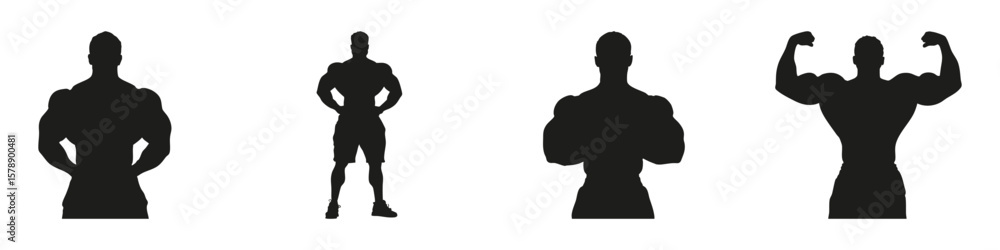 Fototapeta premium Bodybuilder Poses In Silhouette Set. Fitness And Strength Training Symbol Collection. Health And Wellness Industry Use. Isolated Vector Illustration
